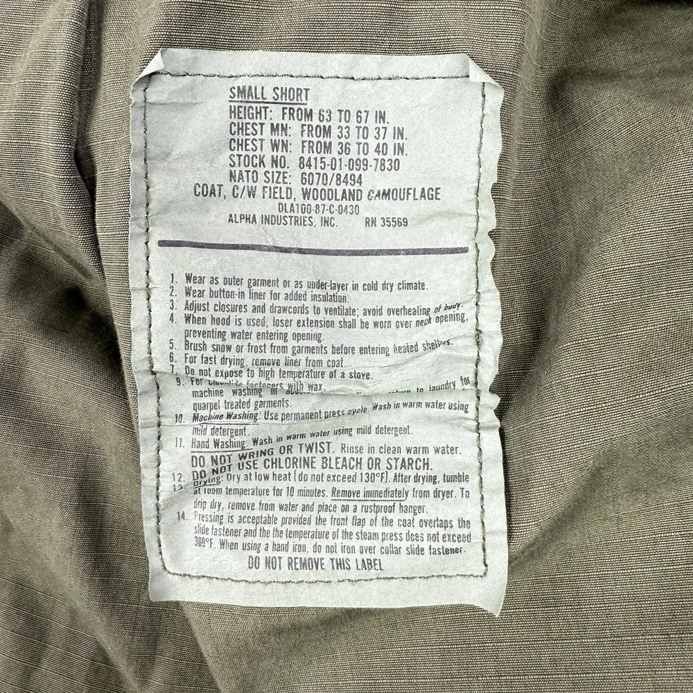 Alpha Industries Military Jacket Mens Small Woodland Camo M65 Field US Army 80s‎